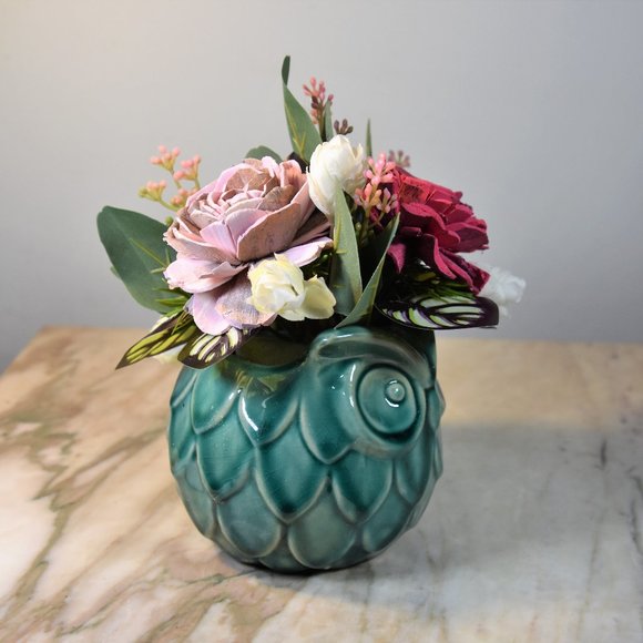 Wise Owl! 4 inch Aqua ceramic owl planter with sustainable Sola wood roses - Picture 7 of 7